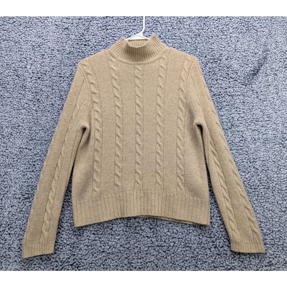 VTG J Crew 100% Lambswool Cable Knit Sweater Size M Turtleneck Crop Boho Oatmeal